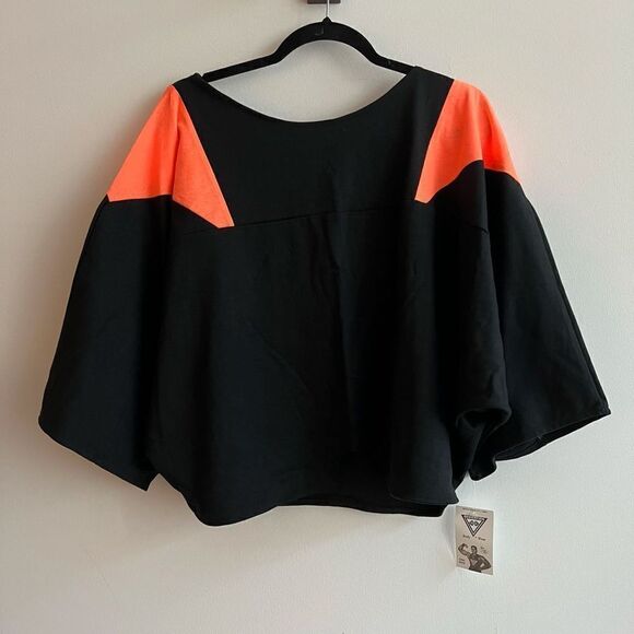 NWT - Retro Flutter Sleeve Bat Sleeve Black Cropped Shirt w/ Neon Orange Patch - - Picture 1 of 4